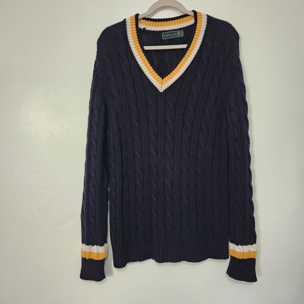​Le 31 Simons Navy Cable Knit Sweater Large L V-Neck Cotton Blend Preppy